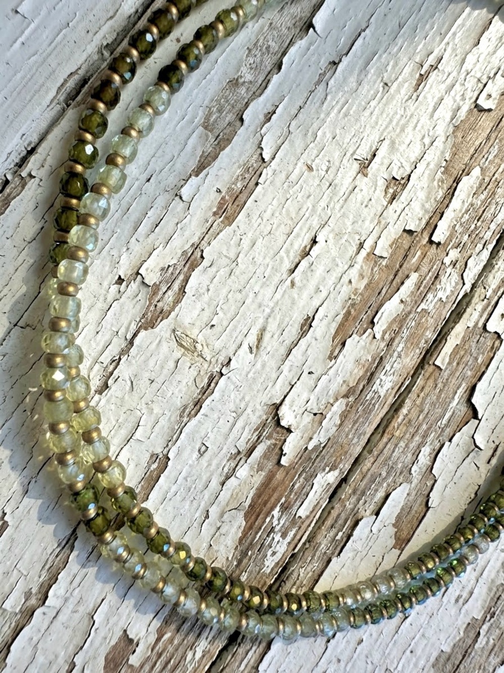 Olive Green Cubic Zirconia Ombré Double Strand Necklace w matte gold accents